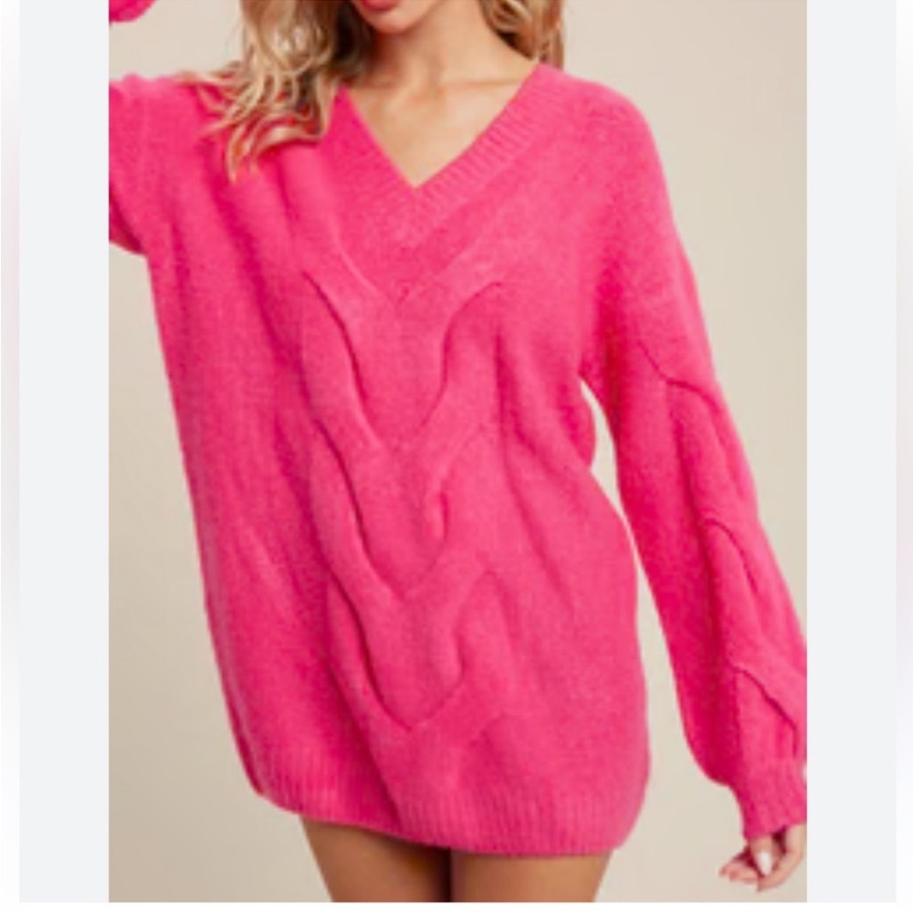 Lucky Brand Women Hot Pink Cable Knit fuzzy Eyelash V Neck size M